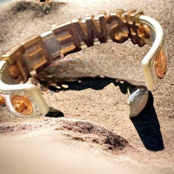 CUFF BCBG SILVER LEATHER 3/4" "#SWEET" ROSE GOLD Tone SLIDE Letters 7-7 1/2" - Picture 9 of 13